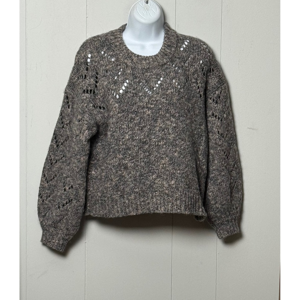 Madewell Grey Marl Pointelle Wool Blend Chunky Knit Pullover Sweater Size Medium